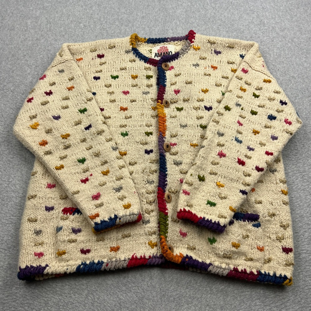 Vintage Amano Hand Knit Wool Cardigan Sweater Womens OS Cream Rainbo w Trim Dots